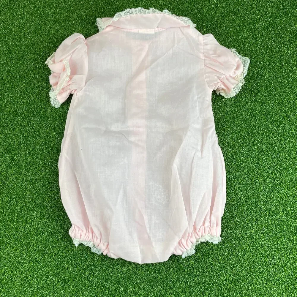 Vintage Toddle Tyke Pink White Lace Frilly Puff Baby Girl Bubble Romper Sz 3Mos